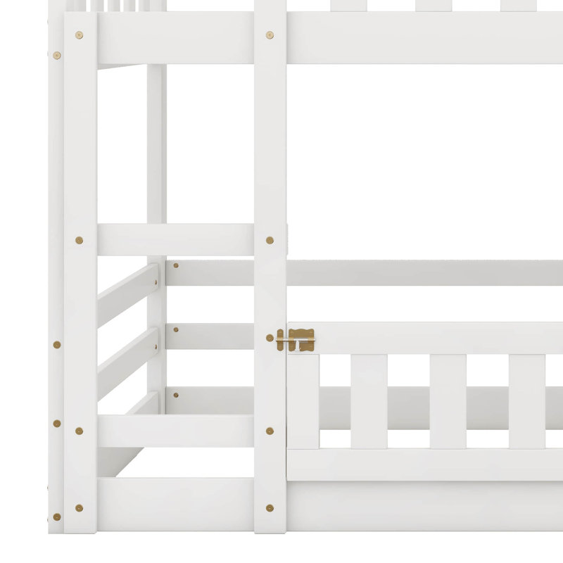 Twin Over Twin House Bunk Bed With Fence And Door, White