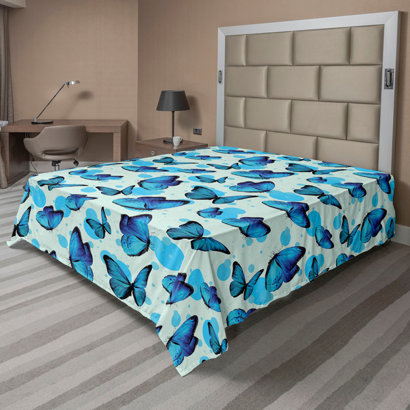 Drap plat Ambesonne Spring avec papillons et éclaboussures de bleu de cobalt et de turquoise