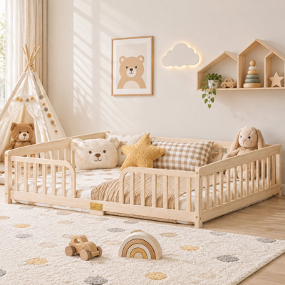 Solid Wood Kids Bed Floor Bed With Guardrails And Central Entrance, Without Slats