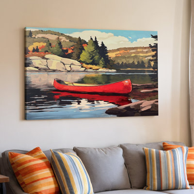 Red Canoe Lake Scene Autumn Trees Landscape Nature Decor Canvas Wall Art Print For Living Room, Bedroom, Office, Hallway, Entryway, Gallery Wall And Modern Home Decor