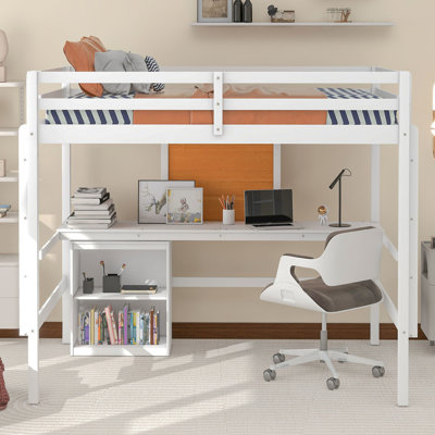 Lit mezzanine en bois avec bureau blanc et tiroirs - Chambre à coucher moderne pleine grandeur et confortable