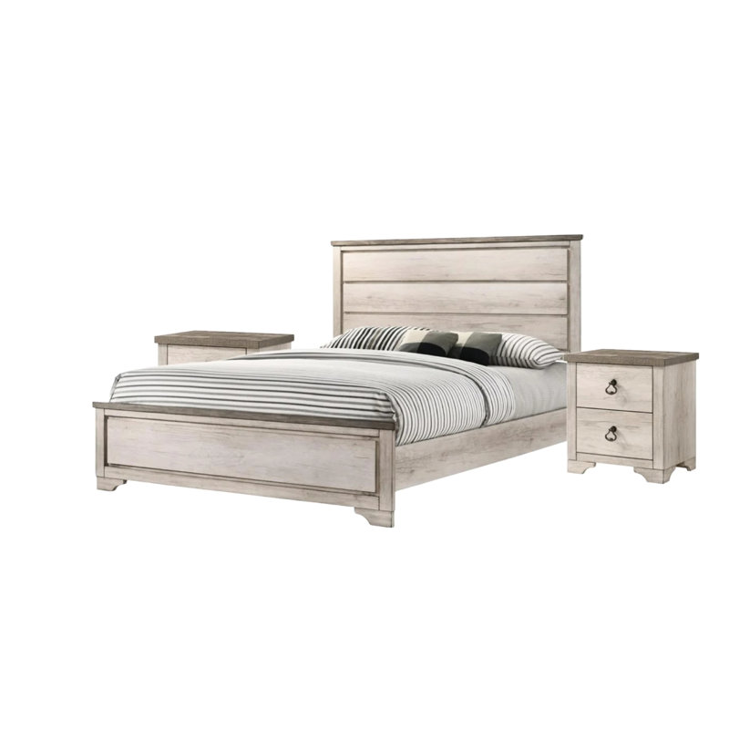 Lit double moderne brun patiné avec tête de lit à panneau et cadre transitionnel en bois flotté pour chambre à coucher, chambre à coucher