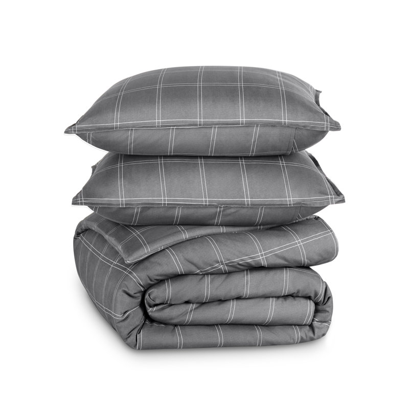Down Alternative Track Stitch Comforter Set, Gray/White Plaid, Queen Comforter + 2 Standard Shams