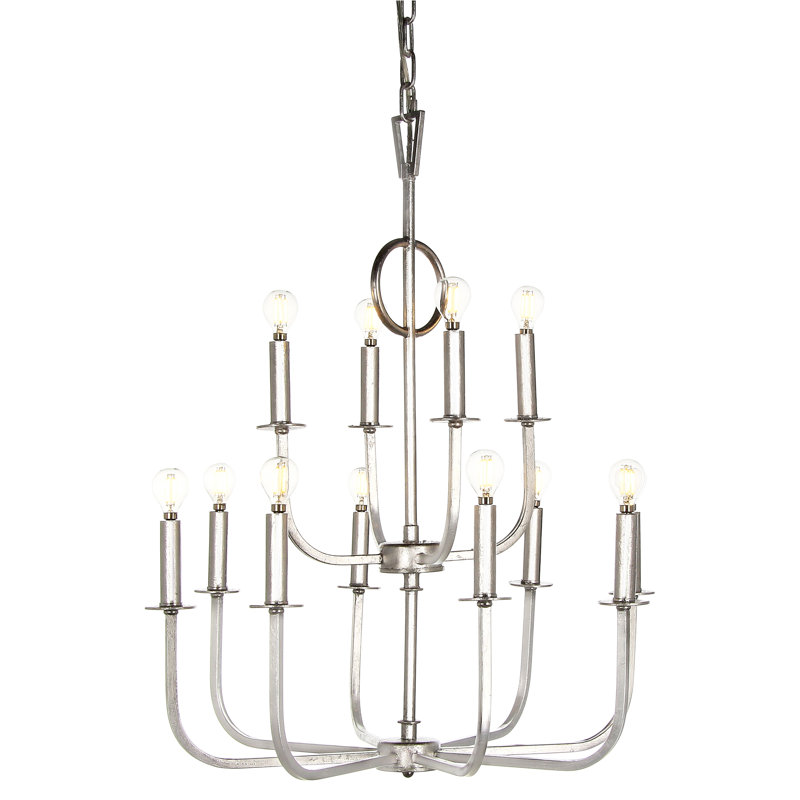 Lustre à niveaux 12 lumières façon bougie Kim, Feuille d'argent