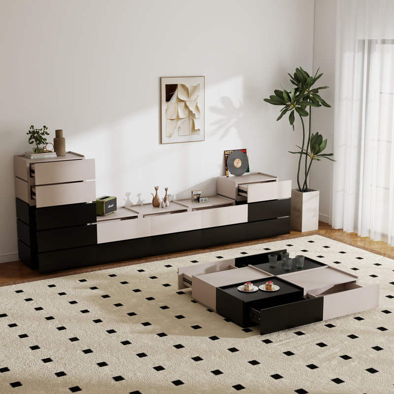 Meuble télé modulaire avec 14 tiroirs Heckman, Noir / Beige