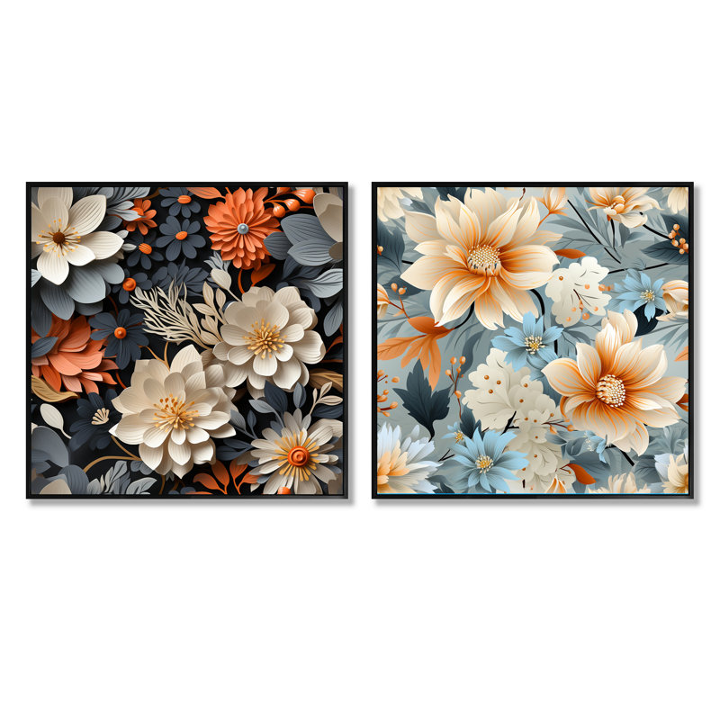 Regiène - Ensemble de 2 collages carrés floraux, Cadre flottant noir, H 16 po x l 33 po