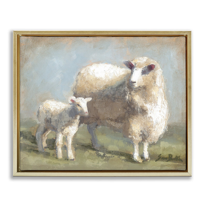 «Sheep Lamb Family Farm» par Sara Baker, peinture sur toile à cadre flottant, H 21 po x l 17 po