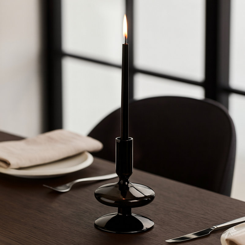 5" H Glass Sculptural Taper Candle Holder with Rounded Base, Black