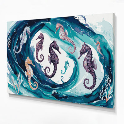 Art mural sur toile bleu hippocampes nautiques