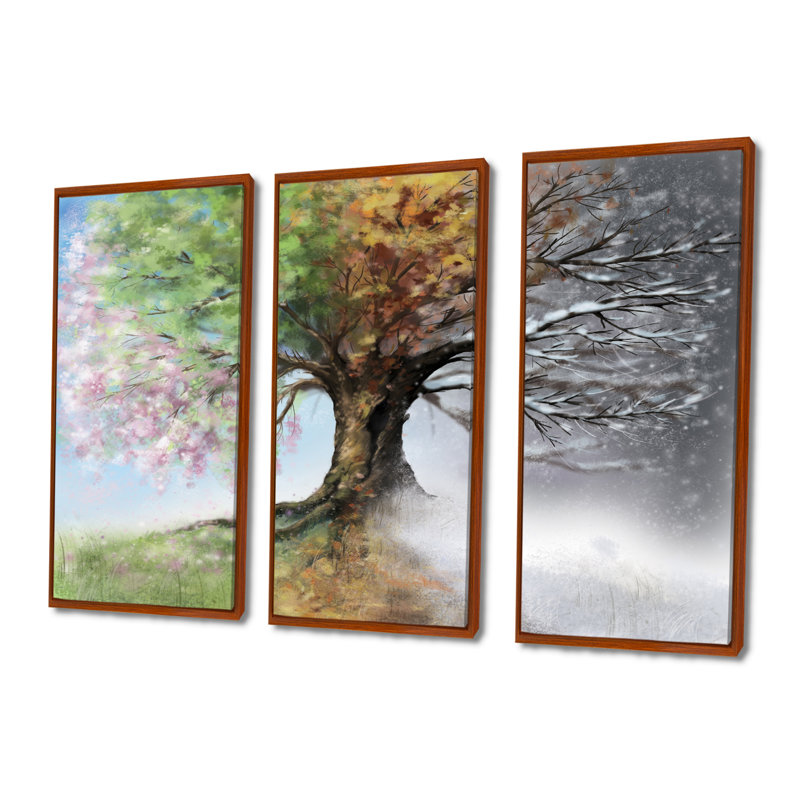 Arbre avec quatre saisons - ensemble d'art mural sur toile encadré paysage de 3, H 32 po x l 48 po, Brown