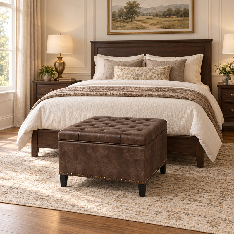 29.5'' Faux Leather Tufted Square Storage Ottoman For Living Room, Nelda Coffee Faux Leather