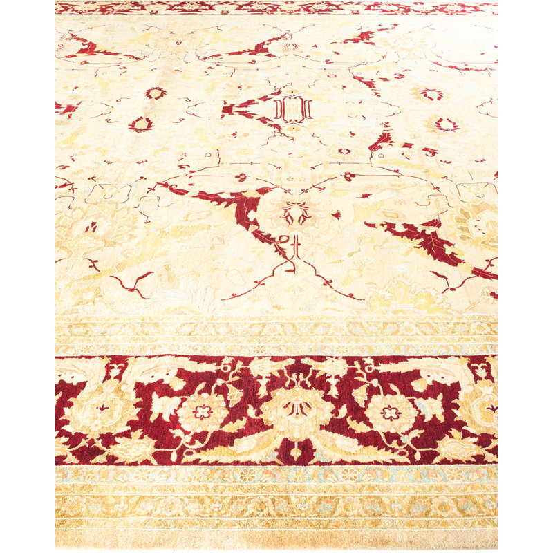 Tapis jaune / rouge / ivoire / bleu noué à la main de conception unique 12 pi 4 po x 19 pi 4 po Hayner