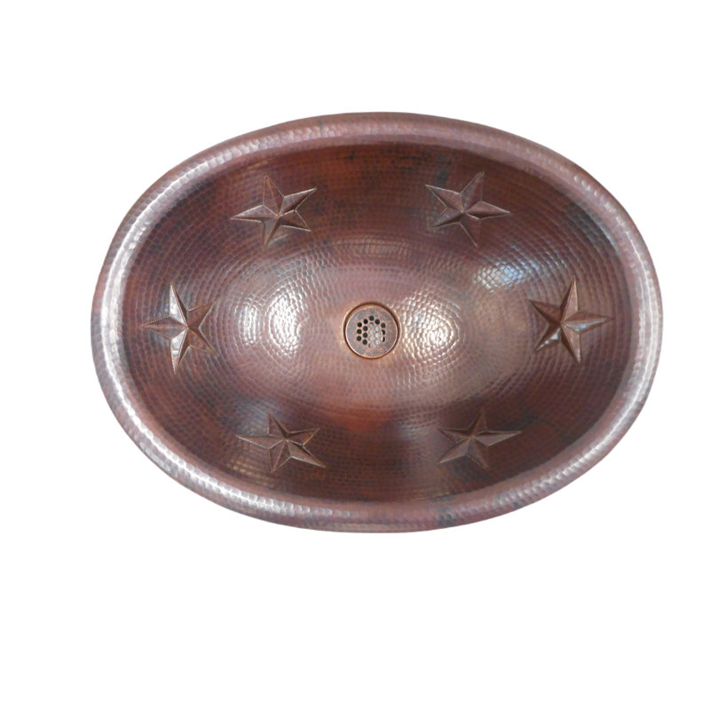 19" Oval Copper Bathroom Sink with Texas Stars, Grid Drain Included