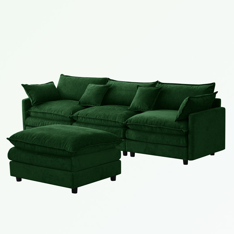 L Shape Chenille Fabric Sectional Sofa with Ottoman, Green Chenille
