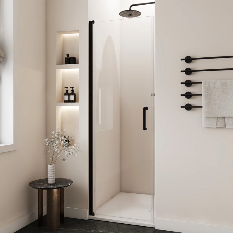 Porte de douche à simple porte l 28 po x H 72 po avec alliage d'aluminium noir mat et porte de douche en verre trempé de 0,24 po