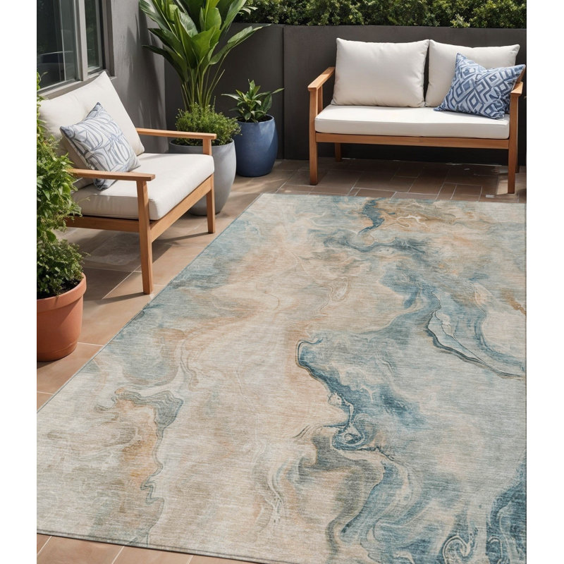 Tapis extérieur lavable abstrait corail et ivoire bleu sarcelle 5 pi x 8 pi