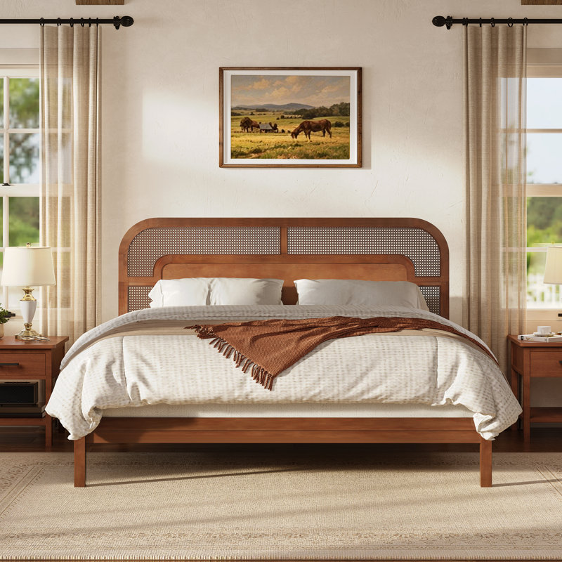 Lit plateforme en bois de style moderne du milieu du siècle Dorian avec tête de lit en rotin, pieds de soutien multiples et sans sommier requis