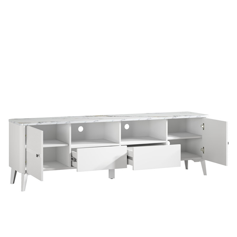 Meuble télé avec plateau en simili marbre Ikesha, Blanc