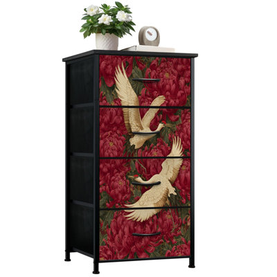 Commode pour chambre à coucher avec 4 tiroirs de rangement Golden Cranes Flight Red Chrysanthemum Floral Elegant Oriental Commode Commode en acier avec cadre en placard