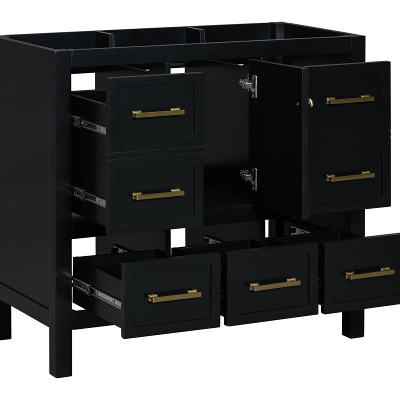 Meuble-lavabo 36 po en bois massif et matériau noir, portes coulissantes silencieuses à 5 tiroirs, pratique 36 po, aspect contemporain noir