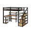 Lit mezzanine double en métal avec escalier, bureau et tablettes