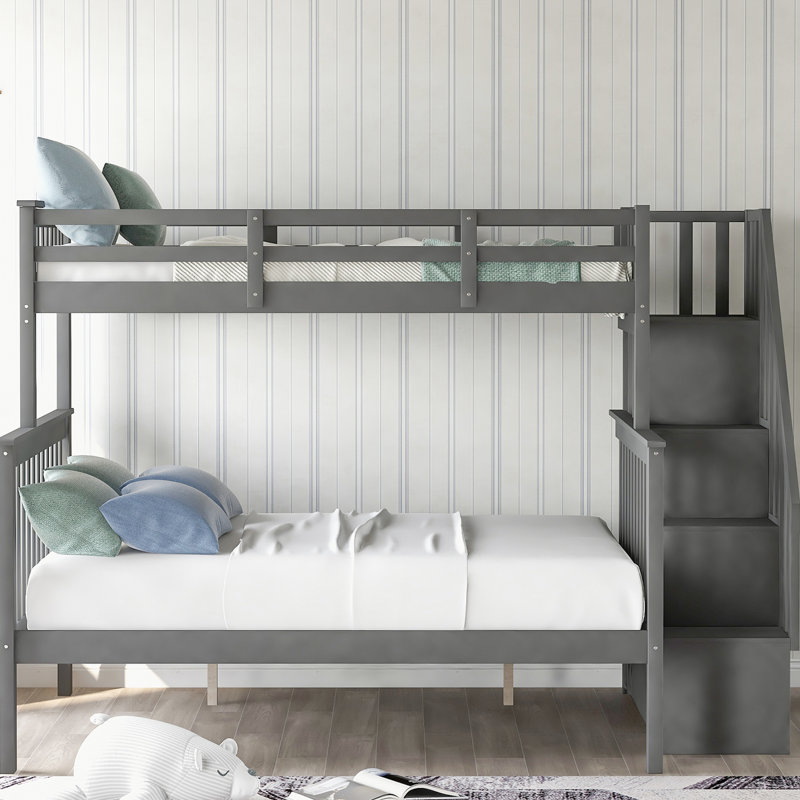 Stairway Twinfull Bunk Bed With Storage, Gray - Modern And Stylish Storage Capacity, Guard Rail, Stable Construction Form,