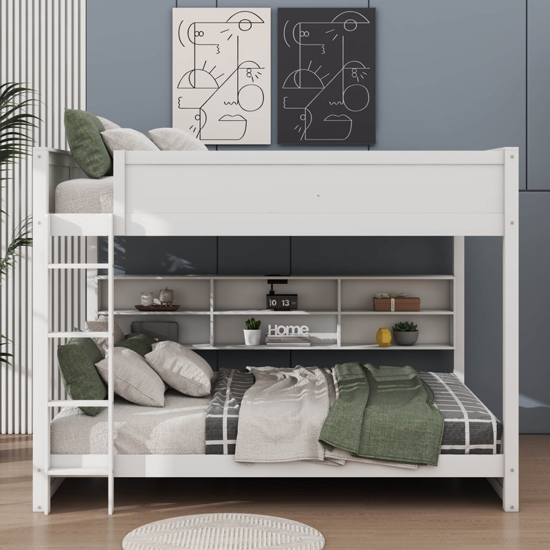  Kalenna Queen Over Queen Bunk Bed With Storage Cabinets And USB Ports, White