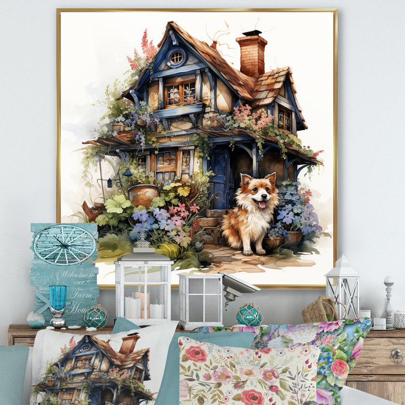 Corgi Doghouse Blooms - Art mural chien, Cadre flottant doré, H 30 po x l 30 po x P 1,5 po