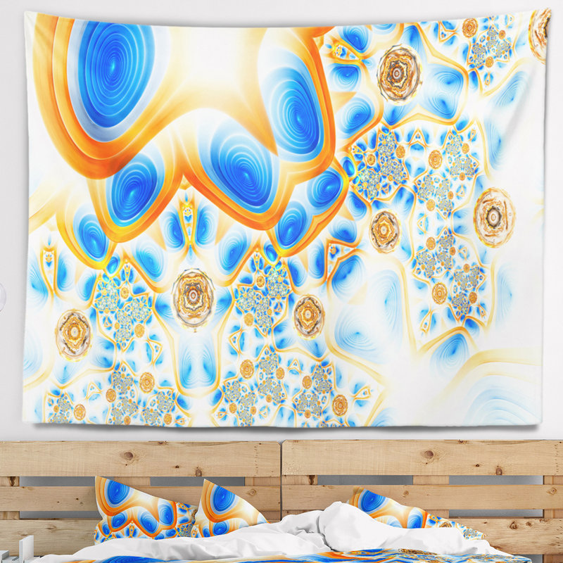 Tapisserie abstraite à motif exotique jaune-bleu, H 68 po x l 80 po