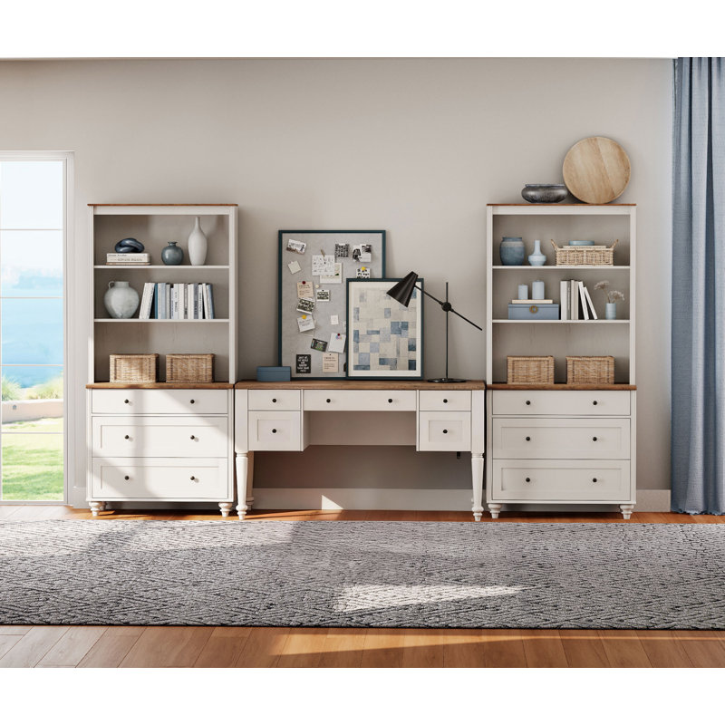 Ensemble de bureau 2 pièces, bureau double 56 po et ensemble de 2 bibliothèques avec tiroirs, blanc