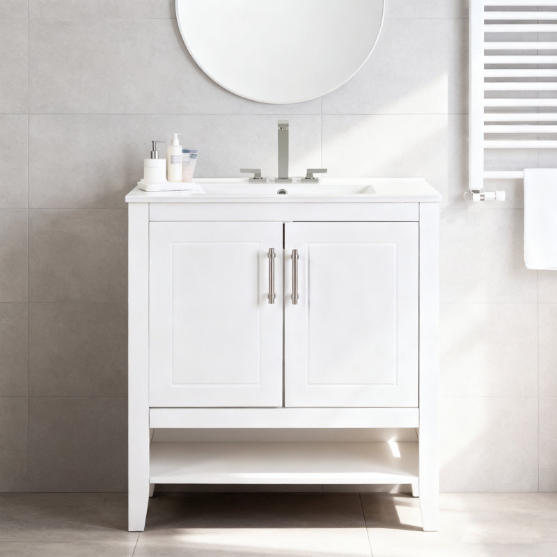 30 Inch Single Bathroom Vanity With Solid Wood Frame, Integrated Ceramic Sink, And 4 Storage Drawers
