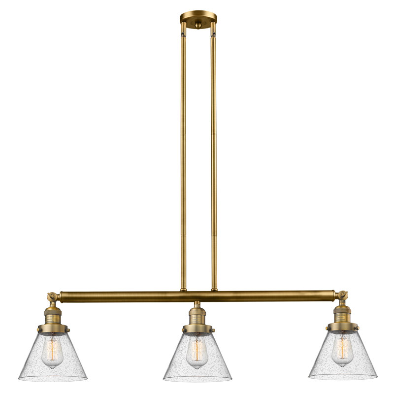 Cone 3 Light Stem Hung Island Light, Seedy, No, Brushed Brass