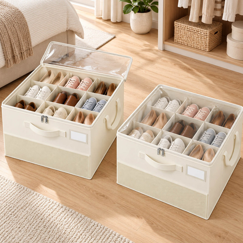 Lot de 2 organisateurs de rangement de chaussures pliables avec séparateurs ajustables et couvercles transparents