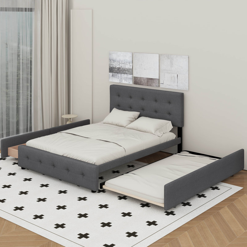 Grand lit plateforme tapissier avec 2 tiroirs et un lit gigogne, Gris foncé