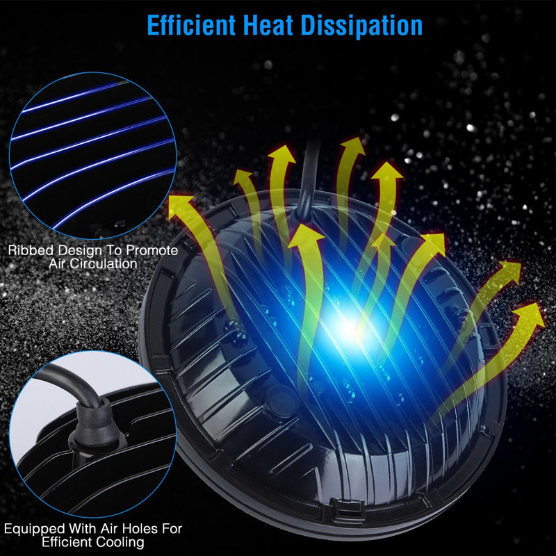 2Pcs 7In Round LED Headlights - Black, 75W, 3800LM - Halo Car Headlamps, Plug and Play