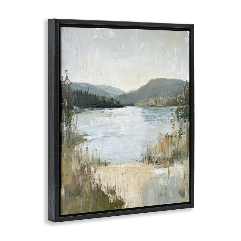 Cadre flottant Abstract Lake Shore & Mountains, design par Petal Prints Design, H 31 po x l 25 po