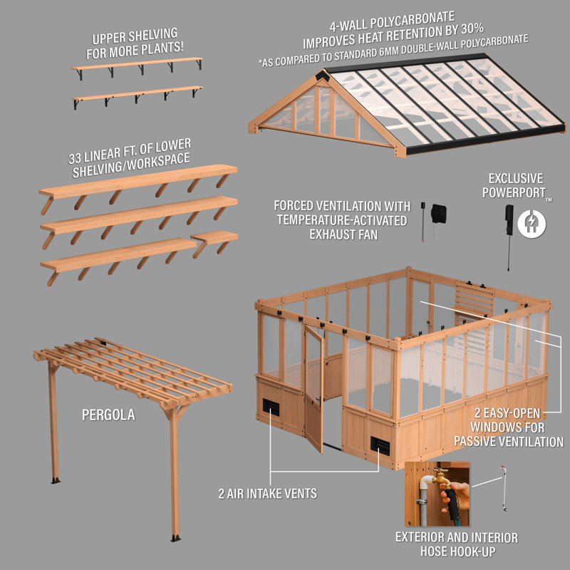Backyard Discovery Bellerose XL 13' x 11' Cedar Wood and Polycarbonate Walk-In Outdoor Greenhouse Kit with Pergola