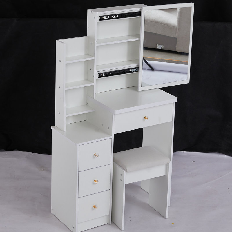 Left Bedside Cabinet Vanity With Three Color Switching Led Mirror, Adjustable Brightness, Cushioned Stool, For Compact Living Spaces Small Sized Table Touch-Control & Brightness Adjustable,