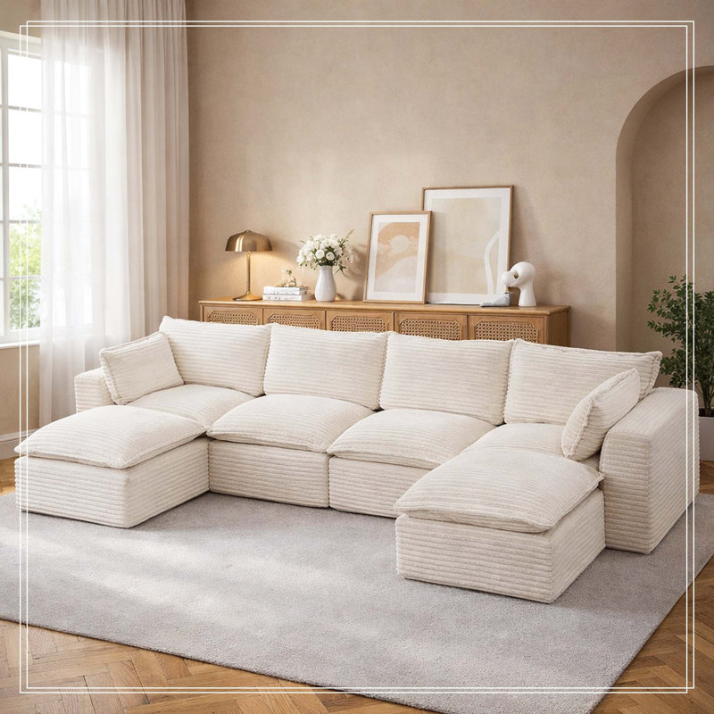 Canapé modulaire de 140 po, velours côtelé adapté aux animaux de compagnie, configuration sans outil, en forme de U / en L / de canapé-lit / droit, modules légers, aucun assemblage requis