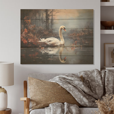 Swan In The Mist I - Swans Wood Art On Natural Pine Wood