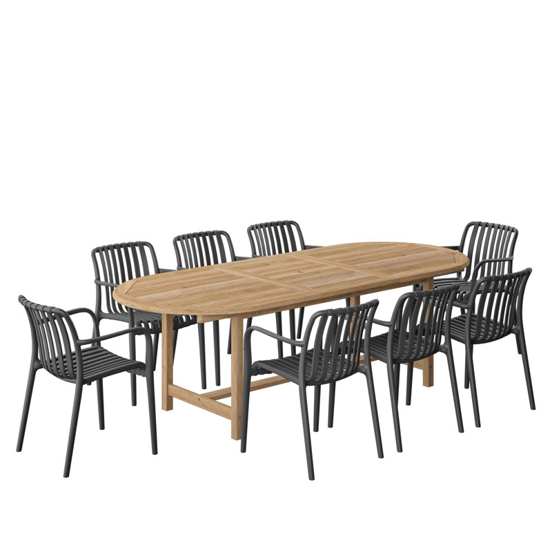Ensemble de salle à manger d'extérieur extensible 9 pièces en teck et résine, Noir