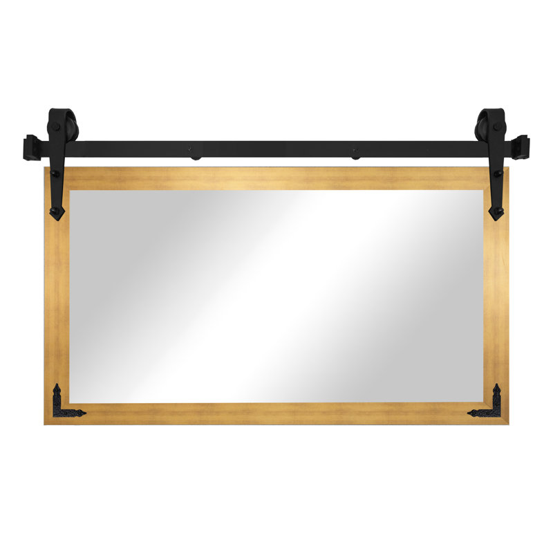 Miroir rustique moderne avec rail de porte de grange en acier et supports de coin décoratifs en métal, 33x36, Or mat
