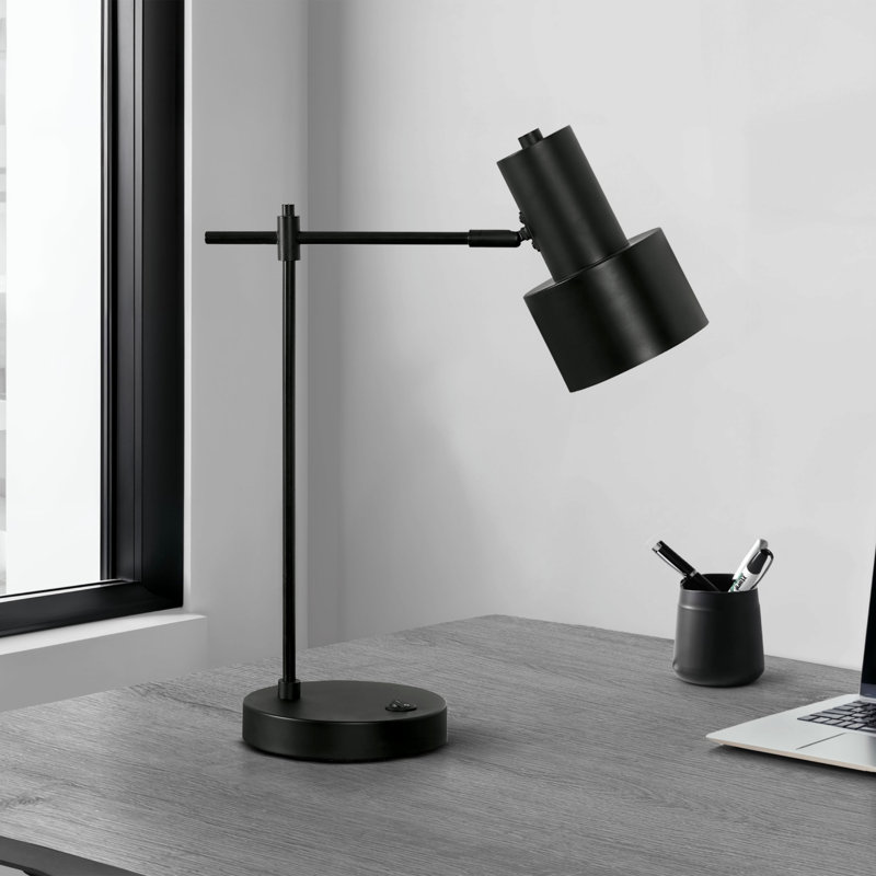 H 21 po, lampe de table, port USB inclus, métal noir, abat-jour noir, moderne, éclairage