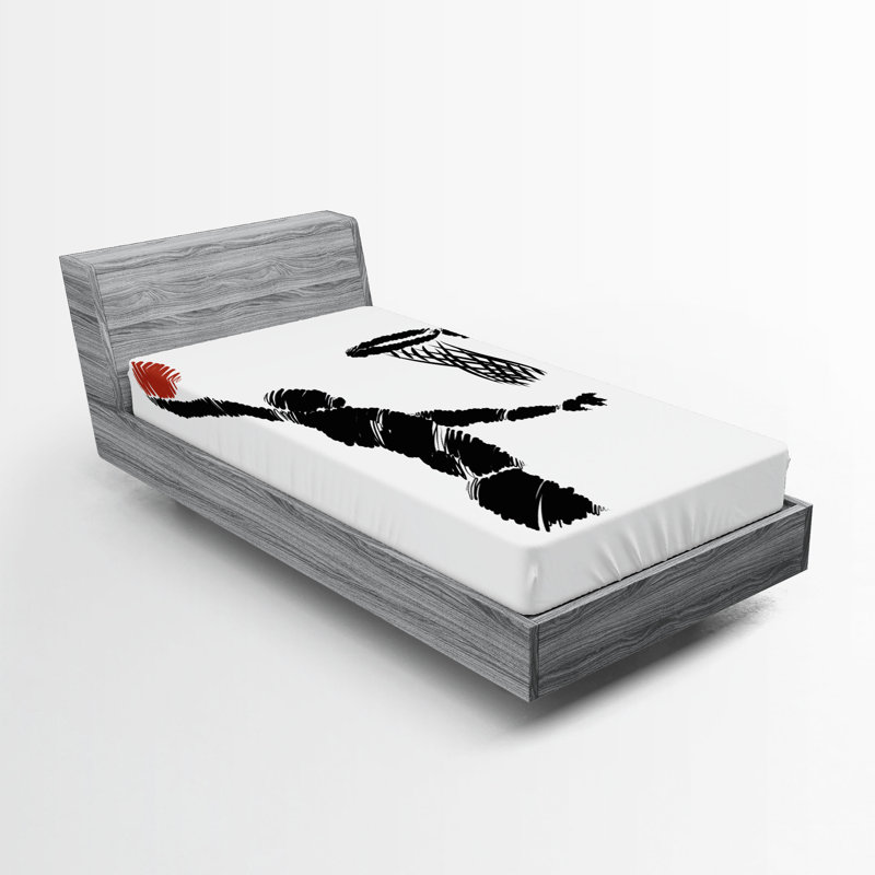 Ensemble de 2 draps-housse Ambesonne Youth, joueur de basketball art cannelle noir et blanc, Drap-housse de taille simple