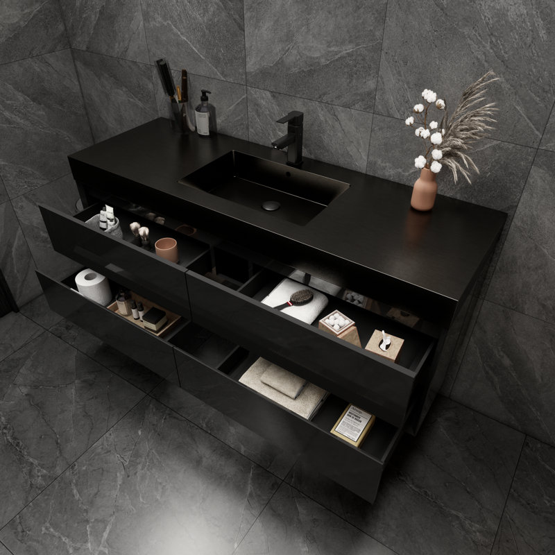 Golitz 59'' Single Bathroom Vanity with Stainless Steel Top, Glossy Black