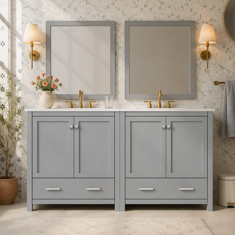 Ensemble de meuble-lavabo 60 po avec lavabos doubles (séparés), lavabos doubles en céramique, tablette de rangement et tiroirs séparés (miroir non inclus) - Solution de salle de bain moderne pour salles de bain spacieuses