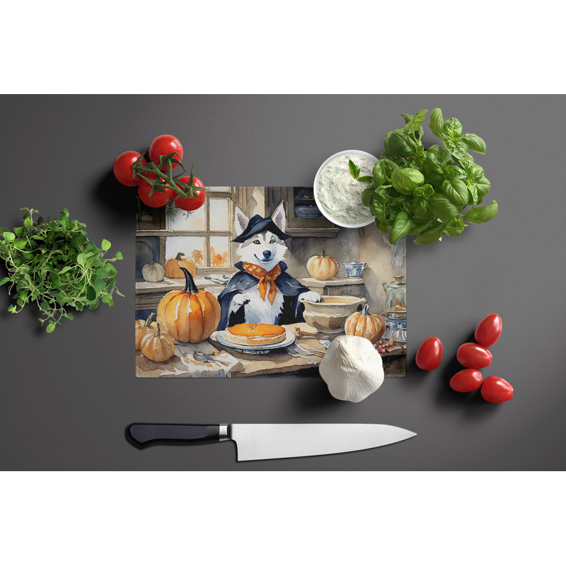 Siberian Husky Fall Kitchen Pumpkins Glass Cutting Board Large