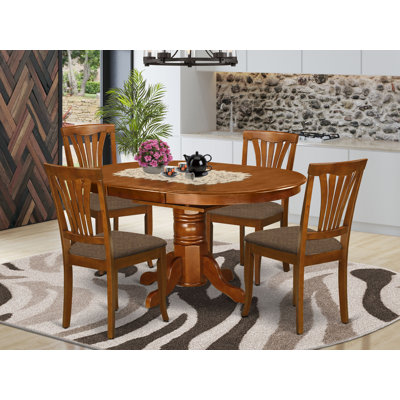 5 Piece Dining Table Set for 4 Includes an Oval Kitchen Table with Butterfly Leaf and 4 Linen Fabric Kitchen Dining Chairs, 42x60 Inch, Saddle Brown