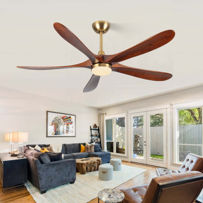Ventilateur de plafond 62 pouces en bronze antique avec lumière, 5 pales en noyer réversible, moteur à courant continu silencieux, 3 lumières DEL à intensité variable, style Mid-Century moderne pour les grandes pièces