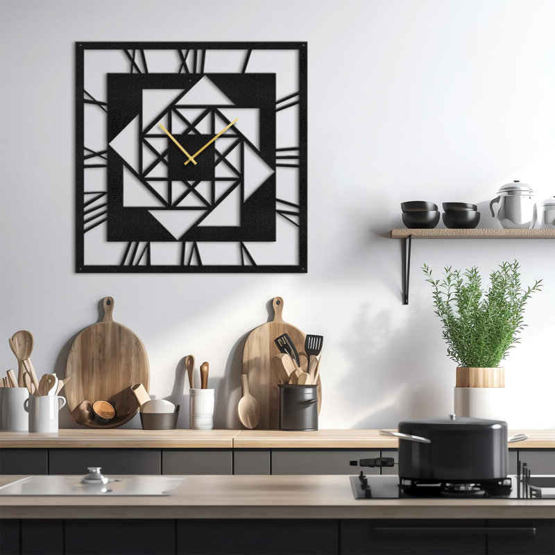 Grande horloge murale en métal moderne sculpture murale carrée géométrique suspendue silencieuse Home Decor Living, Noir